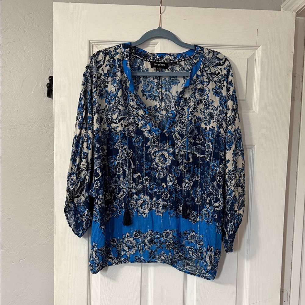 Desigual Blue and White Patterned Blouse